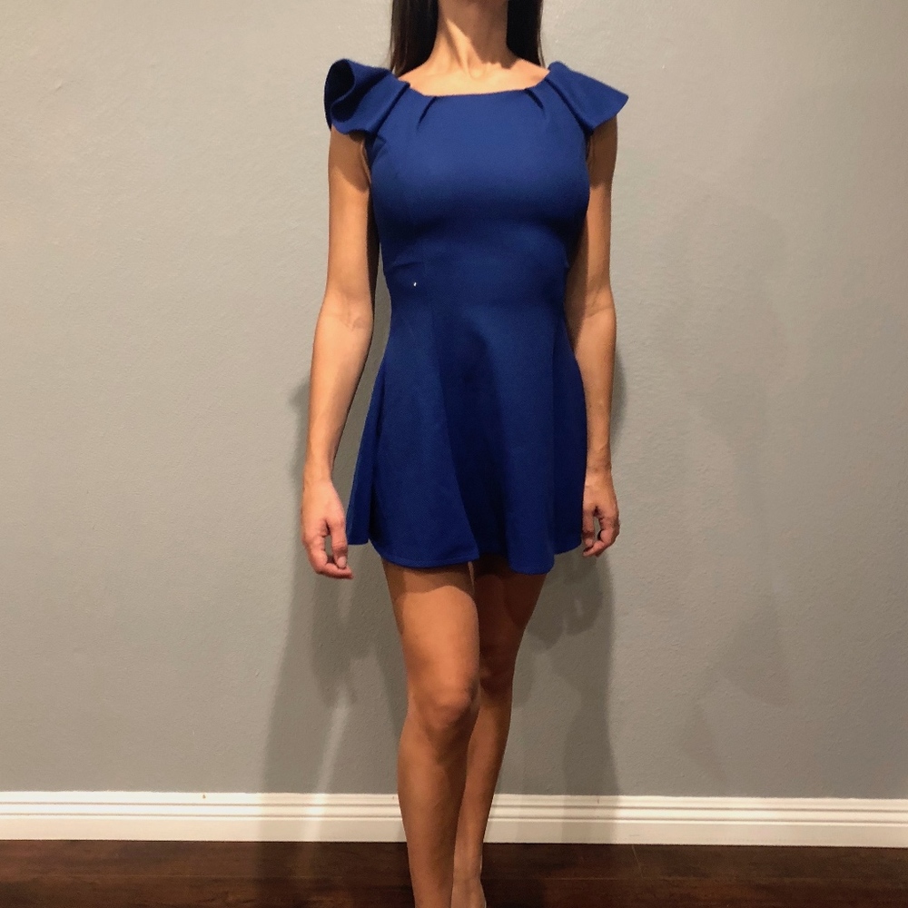 blue frill shoulder dress